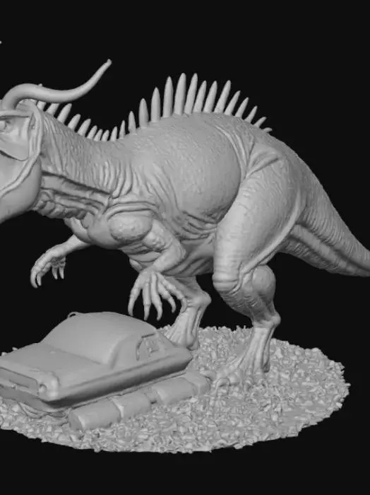 3D model for A towering Carnotaurus stands mid-roar, its powerful jaws open wide as it dominates a ruined city road. The dinosaur’s reddish-brown scales shine under the sunlight, and its curved horns cast sharp shadows across its head. Beneath its clawed feet lies a crushed car, the metal slightly dented from the creature’s massive weight. Dust rises around it as leaves swirl in the wind, creating a dynamic sense of motion. Its amber eyes gleam with intensity, showing pure prehistoric strength. A perfect cinematic dinosaur scene filled with energy, detail, and adventure — completely family-friendly.