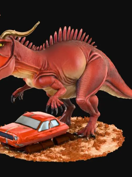 3D model for A towering Carnotaurus stands mid-roar, its powerful jaws open wide as it dominates a ruined city road. The dinosaur’s reddish-brown scales shine under the sunlight, and its curved horns cast sharp shadows across its head. Beneath its clawed feet lies a crushed car, the metal slightly dented from the creature’s massive weight. Dust rises around it as leaves swirl in the wind, creating a dynamic sense of motion. Its amber eyes gleam with intensity, showing pure prehistoric strength. A perfect cinematic dinosaur scene filled with energy, detail, and adventure — completely family-friendly.