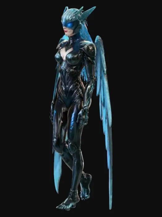 3D model for A sleek harpy woman stands poised in a futuristic cyberpunk city, her feathered arms forming powerful gray-and-white wings. Her eyes glow electric blue, contrasting with her dark metallic armor that wraps around her body in segmented plates. Neon lines run across the armor in turquoise and purple, pulsing like circuitry. Her taloned feet grip the ground with precision, and a holographic visor hovers above her face. The wings shimmer with subtle iridescence as she prepares for flight, blending avian elegance and high-tech design in a bold 3D hero look.