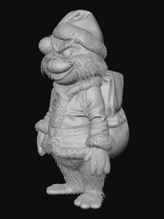 3D model for A mischievous green, furry Grinch stands in a snowy village, his bright lime fur thick and fluffy under the cold. He wears a classic red Santa outfit trimmed with soft white fluff, slightly oversized and crooked to match his playful charm. His yellow eyes narrow with a sly grin as he holds a small sack of presents over his shoulder. Gentle snowflakes fall around him, reflecting off his vibrant fur. The scene blends holiday cheer and playful mischief, capturing the Grinch’s iconic Christmas spirit in a fun, family-friendly 3D style.