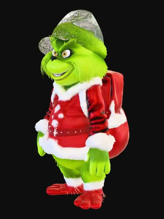 3D model for A mischievous green, furry Grinch stands in a snowy village, his bright lime fur thick and fluffy under the cold. He wears a classic red Santa outfit trimmed with soft white fluff, slightly oversized and crooked to match his playful charm. His yellow eyes narrow with a sly grin as he holds a small sack of presents over his shoulder. Gentle snowflakes fall around him, reflecting off his vibrant fur. The scene blends holiday cheer and playful mischief, capturing the Grinch’s iconic Christmas spirit in a fun, family-friendly 3D style.