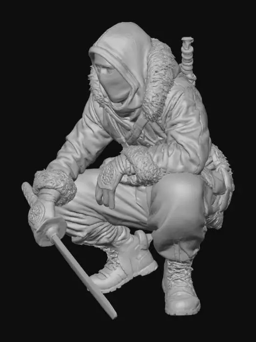 3D model for A swift ninja dressed in a festive Santa-style outfit crouches atop a snowy rooftop. His suit is a sleek mix of red fabric and reinforced black armor, trimmed with subtle white fur along the hood and gloves. A red mask covers his face, leaving only his sharp, focused dark eyes visible. He holds a pair of lightweight throwing stars decorated with tiny snowflake patterns, and a katana with a red-and-white handle rests on his back. Snow drifts around him as he prepares to leap, blending stealth, agility, and Christmas flair in a dynamic 3D character design.