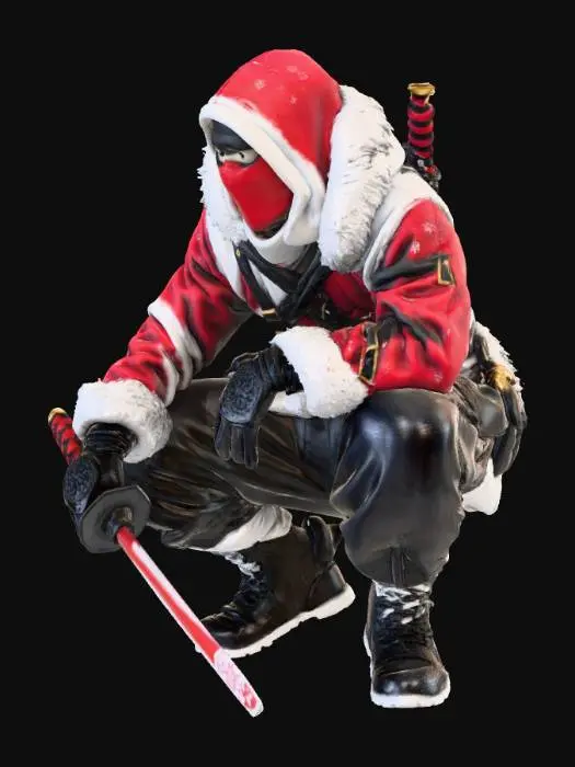 3D model for A swift ninja dressed in a festive Santa-style outfit crouches atop a snowy rooftop. His suit is a sleek mix of red fabric and reinforced black armor, trimmed with subtle white fur along the hood and gloves. A red mask covers his face, leaving only his sharp, focused dark eyes visible. He holds a pair of lightweight throwing stars decorated with tiny snowflake patterns, and a katana with a red-and-white handle rests on his back. Snow drifts around him as he prepares to leap, blending stealth, agility, and Christmas flair in a dynamic 3D character design.