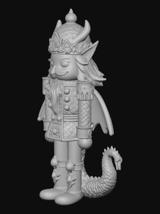 3D model for A majestic nutcracker stands tall, blending classic holiday charm with dragon-themed fantasy design. He wears a traditional red and gold uniform, decorated with ornate scales and gemstone patterns. At the center of his chest sits a dragon-shaped jewel mechanism, crafted like a crystalline dragon head that opens and closes to function as the nut-cracking device. His helmet features curved horn motifs, and his boots and shoulder pads shimmer with metallic emerald accents. His expression is stern yet noble, creating a unique fusion of toy soldier elegance and mythical dragon magic.