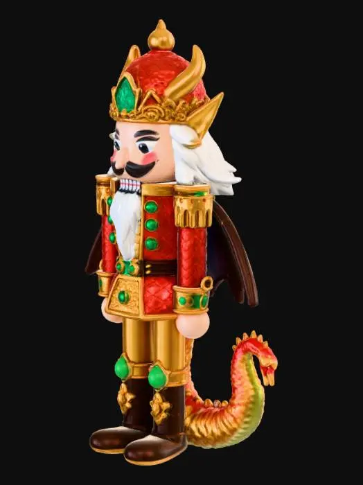 3D model for A majestic nutcracker stands tall, blending classic holiday charm with dragon-themed fantasy design. He wears a traditional red and gold uniform, decorated with ornate scales and gemstone patterns. At the center of his chest sits a dragon-shaped jewel mechanism, crafted like a crystalline dragon head that opens and closes to function as the nut-cracking device. His helmet features curved horn motifs, and his boots and shoulder pads shimmer with metallic emerald accents. His expression is stern yet noble, creating a unique fusion of toy soldier elegance and mythical dragon magic.