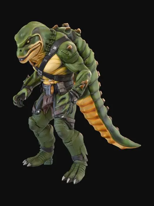 3D model for This 3D model introduces the T-Rex Fighter, the powerhouse of a dinosaur fighting game collection. Standing upright with a humanoid combat stance, the T-Rex has an exaggerated muscular build, thick legs, and a massive chest, emphasizing raw strength. Its dark green and brown scales are rugged and scarred, showing years of battle. The iconic large head features a fierce expression, sharp teeth, and glowing amber eyes full of aggression. Short but powerful arms are reinforced with combat wraps and spiked bands, while the long tail is used as a brutal weapon for balance and attacks. It wears fighter-style gear, including a torn belt and armored shin guards. PBR materials enhance scale texture, muscle definition, and cinematic lighting, making the T-Rex a dominant, arcade-style brawler inspire