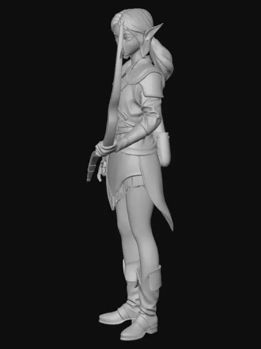 3D model for A retro anime–style elf hunter stands quietly in a forest clearing, alert and focused. The elf has long pointed ears, sharp yet gentle facial features, and calm, observant eyes that reflect experience and patience. Their expression is serious but serene, embodying the silent confidence of a skilled hunter.
They wear light leather armor mixed with cloth, designed for mobility rather than brute force. The outfit shows subtle wear—scratches, frayed edges, and faded colors—suggesting years spent tracking prey through ancient woods. A short cloak flows gently behind them, and a quiver of arrows rests over one shoulder.
The hunter holds a traditional wooden bow, slightly curved, with simple carvings along its limbs. An arrow is nocked but relaxed, indicating readiness without aggression. Soft wi