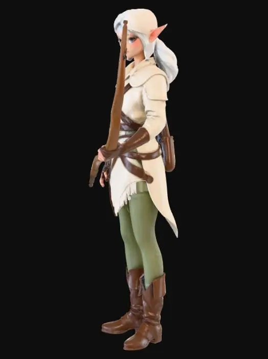3D model for A retro anime–style elf hunter stands quietly in a forest clearing, alert and focused. The elf has long pointed ears, sharp yet gentle facial features, and calm, observant eyes that reflect experience and patience. Their expression is serious but serene, embodying the silent confidence of a skilled hunter.
They wear light leather armor mixed with cloth, designed for mobility rather than brute force. The outfit shows subtle wear—scratches, frayed edges, and faded colors—suggesting years spent tracking prey through ancient woods. A short cloak flows gently behind them, and a quiver of arrows rests over one shoulder.
The hunter holds a traditional wooden bow, slightly curved, with simple carvings along its limbs. An arrow is nocked but relaxed, indicating readiness without aggression. Soft wi