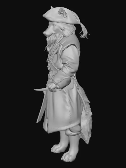 3D model for Title: Seven Seas Pirate Wolf**
Description (≤800 chars):
This 3D model shows a fierce pirate wolf sailing the Seven Seas. He stands upright with a powerful, rugged build, his fur a deep gray accented by a striking fiery red beard inspired by legendary pirate lore. He wears a classic pirate coat in dark navy with gold trim, slightly torn from countless adventures. A wide tricorn hat sits over his sharp amber eyes, one partially covered by a leather eyepatch. His belt holds small pouches, a map tube, and a cutlass with a weathered handle. Gold earrings, braided beard beads, and a fluttering shoulder sash complete his bold seafaring look. The design blends wolfish ferocity with iconic pirate style.