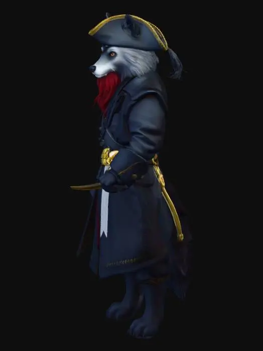 3D model for Title: Seven Seas Pirate Wolf**
Description (≤800 chars):
This 3D model shows a fierce pirate wolf sailing the Seven Seas. He stands upright with a powerful, rugged build, his fur a deep gray accented by a striking fiery red beard inspired by legendary pirate lore. He wears a classic pirate coat in dark navy with gold trim, slightly torn from countless adventures. A wide tricorn hat sits over his sharp amber eyes, one partially covered by a leather eyepatch. His belt holds small pouches, a map tube, and a cutlass with a weathered handle. Gold earrings, braided beard beads, and a fluttering shoulder sash complete his bold seafaring look. The design blends wolfish ferocity with iconic pirate style.