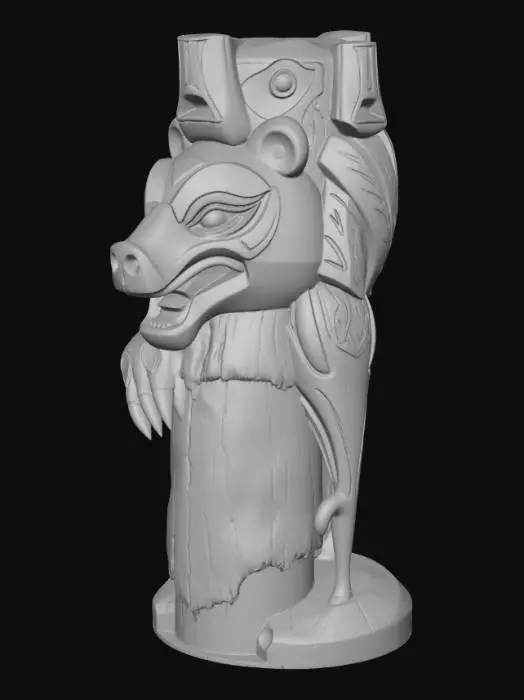 3D model for Indigenous Bear Totem**
Description (≤800 chars):
This 3D model shows a powerful bear totem inspired by traditional indigenous wood carvings. The totem stands tall with a strong, upright posture, carved from textured aged wood with visible grain and natural cracks. The bear’s face features bold, stylized shapes, including wide eyes, a pronounced muzzle, and symbolic markings painted in red, black, and turquoise. Its claws are engraved into the lower section, giving the figure grounding and strength. Subtle carvings of patterns and lines run along the body, representing protection, courage, and nature’s spirit. The overall design feels ceremonial, respectful, and rich with ancestral symbolism.