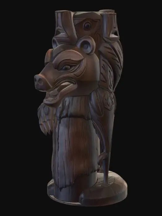 3D model for Indigenous Bear Totem**
Description (≤800 chars):
This 3D model shows a powerful bear totem inspired by traditional indigenous wood carvings. The totem stands tall with a strong, upright posture, carved from textured aged wood with visible grain and natural cracks. The bear’s face features bold, stylized shapes, including wide eyes, a pronounced muzzle, and symbolic markings painted in red, black, and turquoise. Its claws are engraved into the lower section, giving the figure grounding and strength. Subtle carvings of patterns and lines run along the body, representing protection, courage, and nature’s spirit. The overall design feels ceremonial, respectful, and rich with ancestral symbolism.