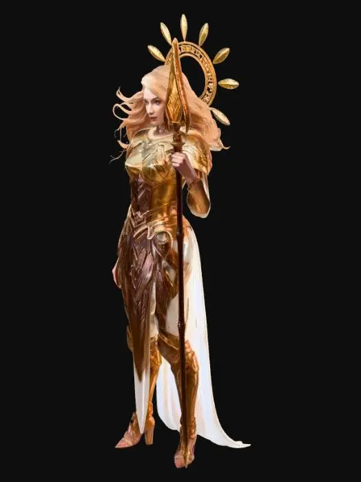 3D model for Title: Girlboss Goddess**
Description (≤800 chars):
This 3D model depicts a radiant Girlboss Goddess, embodying confidence, leadership, and divine power. She stands tall with a commanding yet graceful posture, her silhouette strong and elegant. Her outfit blends modern style with celestial design: a sleek gold-and-white armor-dress adorned with glowing geometric patterns. A floating halo of light shards circles behind her head, symbolizing brilliance and authority. Her eyes shine with soft golden energy, and her long hair flows upward as if lifted by power. She holds a luminous empowerment staff, and subtle sparkles surround her, emphasizing her unstoppable, goddess-tier presence.