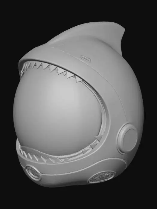 3D model for Shark-Head Water Helmet**
Description (≤800 chars):
This 3D model presents a sleek water helmet shaped like a shark’s head, designed for underwater exploration or futuristic aquatic gear. The outer shell forms a streamlined shark profile with a curved snout, smooth ocean-blue surface, and glossy white underside. The visor replaces the mouth area, made of transparent reinforced glass tinted lightly in aqua. Along the top, small fin-like ridges add hydrodynamic detail, while the back features a compact water-filter unit with glowing blue vents. Subtle metallic edges outline the jaw and gill shapes, giving the helmet both style and functionality. The design blends marine aesthetics with high-tech equipment.