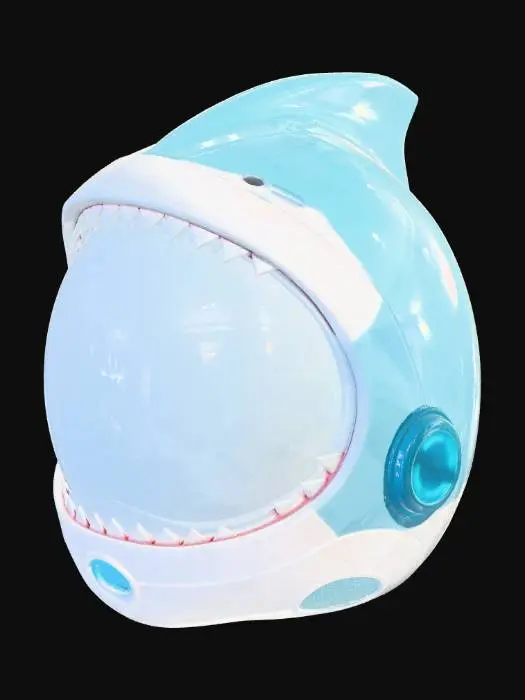 3D model for Shark-Head Water Helmet**
Description (≤800 chars):
This 3D model presents a sleek water helmet shaped like a shark’s head, designed for underwater exploration or futuristic aquatic gear. The outer shell forms a streamlined shark profile with a curved snout, smooth ocean-blue surface, and glossy white underside. The visor replaces the mouth area, made of transparent reinforced glass tinted lightly in aqua. Along the top, small fin-like ridges add hydrodynamic detail, while the back features a compact water-filter unit with glowing blue vents. Subtle metallic edges outline the jaw and gill shapes, giving the helmet both style and functionality. The design blends marine aesthetics with high-tech equipment.