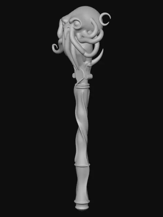 3D model for Cthulhu Staff**
Description (≤800 chars):
This 3D model features a mystical staff shaped after Cthulhu, crafted with dark, ancient elegance. The shaft resembles weathered black stone veined with faint green glow, as if pulsing with forbidden power. At the top, the head forms a stylized squid-like visage, complete with curling tentacles that wrap partially around the staff. Deep-set eyes glow with eerie sea-green light, giving it a haunting presence. Subtle runes spiral down the handle, carved like ancient ocean glyphs. The entire piece radiates an eldritch, abyssal aura, blending arcane mystery with nautical horror in a striking ceremonial design.
