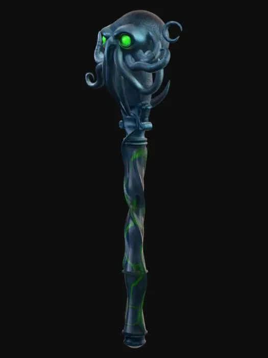 3D model for Cthulhu Staff**
Description (≤800 chars):
This 3D model features a mystical staff shaped after Cthulhu, crafted with dark, ancient elegance. The shaft resembles weathered black stone veined with faint green glow, as if pulsing with forbidden power. At the top, the head forms a stylized squid-like visage, complete with curling tentacles that wrap partially around the staff. Deep-set eyes glow with eerie sea-green light, giving it a haunting presence. Subtle runes spiral down the handle, carved like ancient ocean glyphs. The entire piece radiates an eldritch, abyssal aura, blending arcane mystery with nautical horror in a striking ceremonial design.