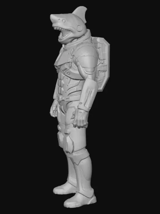 3D model for A detailed 3D model of a space marine with a shark head, designed as a deep-space explorer. The character has the powerful body of a human soldier wearing advanced sci-fi armor. The armor is white with bold blue accents, featuring reinforced shoulder plates, glowing interface panels, and subtle scratches from space missions. The shark head has smooth gray skin, a powerful jawline, and sharp triangular teeth, with dark intelligent eyes scanning the environment. A compact jet-pack and exploration gear are attached to the back, including small lights and sensor devices. The stance is confident and alert, as if ready to explore unknown planets and cosmic frontiers.