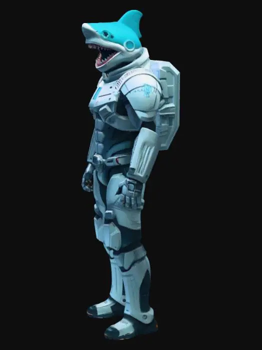 3D model for A detailed 3D model of a space marine with a shark head, designed as a deep-space explorer. The character has the powerful body of a human soldier wearing advanced sci-fi armor. The armor is white with bold blue accents, featuring reinforced shoulder plates, glowing interface panels, and subtle scratches from space missions. The shark head has smooth gray skin, a powerful jawline, and sharp triangular teeth, with dark intelligent eyes scanning the environment. A compact jet-pack and exploration gear are attached to the back, including small lights and sensor devices. The stance is confident and alert, as if ready to explore unknown planets and cosmic frontiers.
