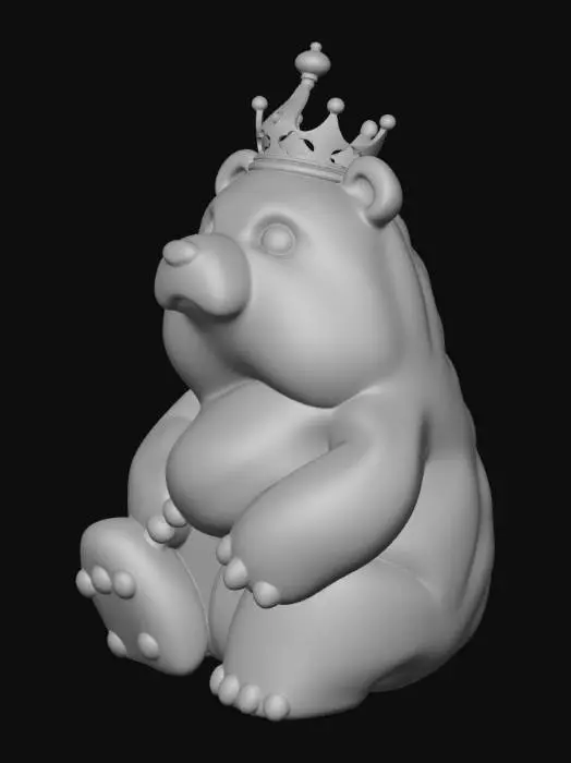 3D model for This 3D model depicts a majestic Slime Bear King, a creature made entirely of thick, glossy slime. Its body forms the shape of a large bear, with rounded limbs and a powerful stance, while the translucent emerald-green slime slowly drips and ripples like living gel. Inside the slime body, faint sparkles and bubbles float, giving it a magical appearance. Resting on its head is a slightly tilted golden crown, partially sunk into the slime yet glowing with royal energy. Its eyes shine with a gentle golden light, showing both wisdom and strength. The design combines playful fantasy with regal presence, creating a unique slime ruler.