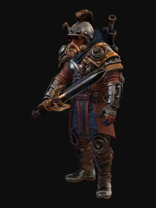 3D model for Steampunk Warrior
Description (≤800 chars):
This 3D model depicts a rugged steampunk warrior, blending Victorian-era style with mechanical innovation. He wears layered bronze and leather armor, reinforced with visible gears, rivets, and small steam valves along the chest and shoulders. Tubes and brass mechanisms run across his arms, powering mechanical enhancements that increase strength. His helmet features round tinted goggles and a metal breathing filter, giving him an industrial battlefield look. A large gear-edged sword rests in one hand, while steam vents release faint vapor from the armor joints. The design mixes gritty machinery, worn materials, and adventurous spirit, creating a bold steampunk combat hero.