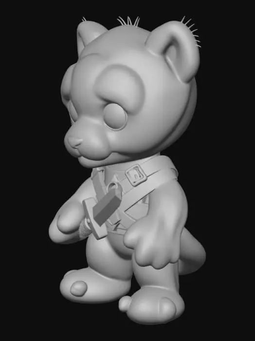 3D model for This 3D model features an adorable plush panther warrior, designed like a soft collectible toy. The panther has a rounded, cuddly body covered in smooth jet-black plush fur, with oversized bright blue eyes that give it a charming and friendly look. Its ears are small and soft, and its paws are slightly oversized for extra cuteness. Despite its plush style, it wears tiny warrior accessories, including a soft fabric chest strap and a miniature foam sword on its back. Subtle stitching details and soft fabric textures make it look huggable and playful. The design blends cute plush toy aesthetics with a heroic warrior theme.