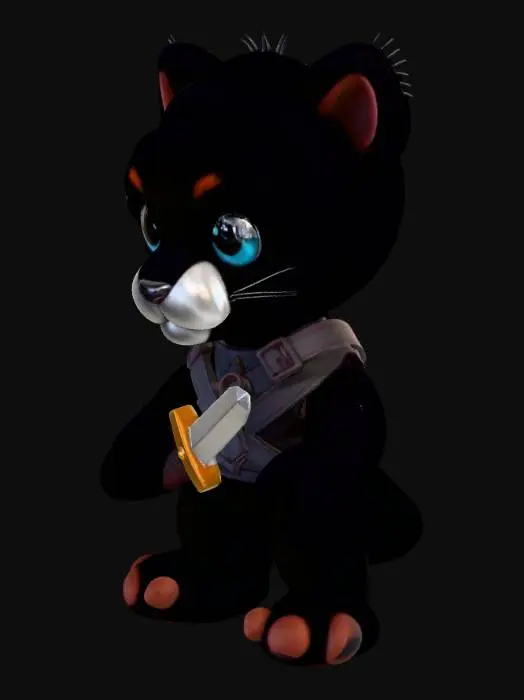 3D model for This 3D model features an adorable plush panther warrior, designed like a soft collectible toy. The panther has a rounded, cuddly body covered in smooth jet-black plush fur, with oversized bright blue eyes that give it a charming and friendly look. Its ears are small and soft, and its paws are slightly oversized for extra cuteness. Despite its plush style, it wears tiny warrior accessories, including a soft fabric chest strap and a miniature foam sword on its back. Subtle stitching details and soft fabric textures make it look huggable and playful. The design blends cute plush toy aesthetics with a heroic warrior theme.