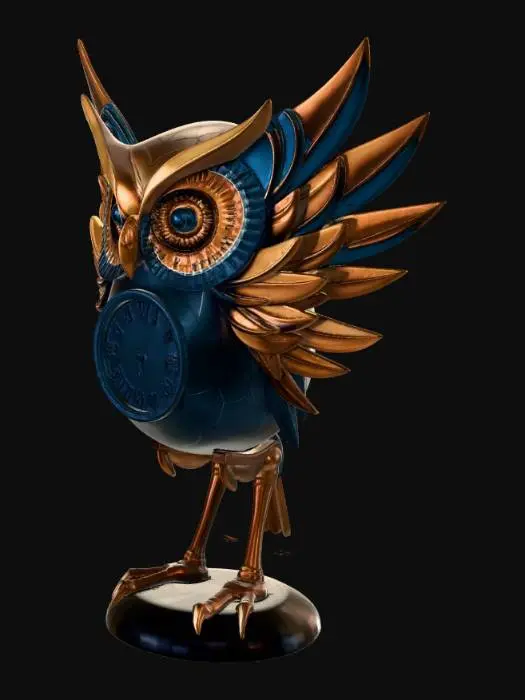 3D model for Abstract Clock-Eyed Owl
Description (≤800 chars):
This 3D model presents an abstract owl sculpture with a surreal, artistic design. The owl’s body is formed from smooth, flowing shapes that blend metallic bronze and deep midnight blue, giving it a mysterious and modern appearance. Its wings curve elegantly along the sides, carved with geometric patterns that suggest feathers without fully defining them. The most striking feature is its clock-shaped eyes, each designed like a miniature antique clock with delicate hands and glowing golden numerals slowly rotating. Subtle light reflects from the polished surfaces, creating a dreamlike atmosphere. The piece blends nature, time symbolism, and abstract art, forming a captivating and thought-provoking 3D creation.