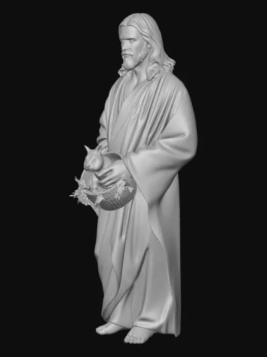 3D model for Jesus with Easter Basket
Description (≤800 chars):
This 3D model portrays a serene and compassionate Jesus figure, walking gently with a warm and peaceful expression. He wears flowing soft white and light beige robes, with subtle fabric folds that move naturally. In his hands, he carries a woven basket filled with soft cloth and greenery, where a small white rabbit rests calmly. The rabbit appears safe and content, symbolizing innocence and renewal. A gentle golden light surrounds the scene, adding a spiritual and uplifting atmosphere. The design emphasizes kindness, peace, and hope, blending Easter symbolism with a calm, beautiful presence.
