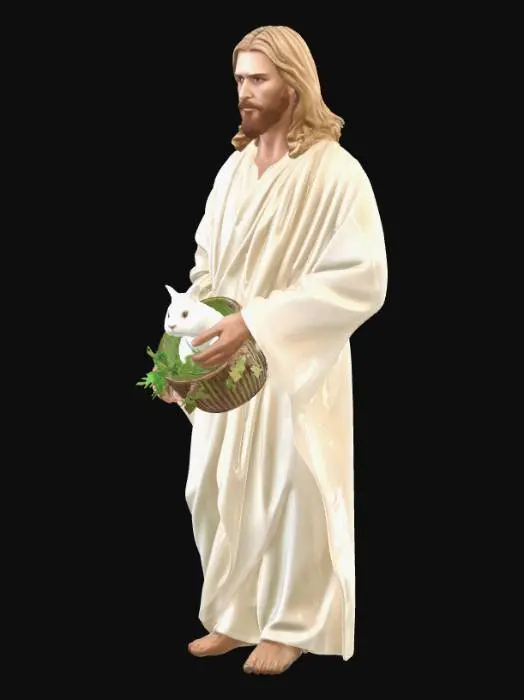 3D model for Jesus with Easter Basket
Description (≤800 chars):
This 3D model portrays a serene and compassionate Jesus figure, walking gently with a warm and peaceful expression. He wears flowing soft white and light beige robes, with subtle fabric folds that move naturally. In his hands, he carries a woven basket filled with soft cloth and greenery, where a small white rabbit rests calmly. The rabbit appears safe and content, symbolizing innocence and renewal. A gentle golden light surrounds the scene, adding a spiritual and uplifting atmosphere. The design emphasizes kindness, peace, and hope, blending Easter symbolism with a calm, beautiful presence.