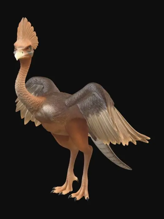 3D model for Quetzalcoatlus
Description (≤800 chars):
This 3D model depicts a majestic Quetzalcoatlus, one of the largest flying creatures to ever exist. It stands tall with a long slender neck and a sharp, elongated beak. Its body is covered in a mix of soft feather-like textures and smooth skin, with a color palette of earthy browns, sandy beige, and muted reds. The massive wings stretch wide, featuring thin leathery membranes supported by elongated fingers, showing subtle veins and tension. A prominent crest extends from the back of its head, adding a striking silhouette. Its stance is elegant and grounded, with long limbs adapted for both flight and walking. The design emphasizes scale, grace, and prehistoric realism.
