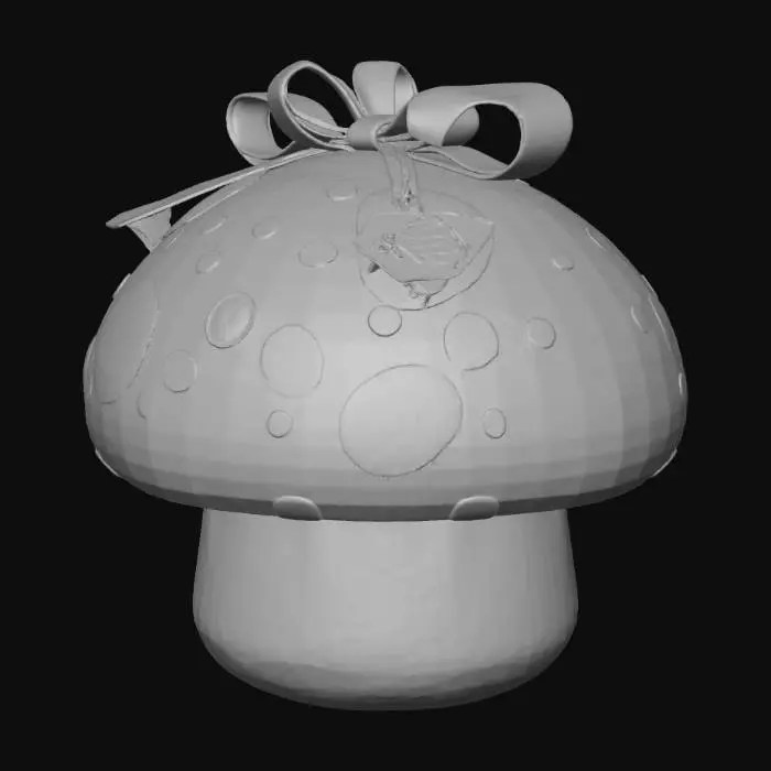 3D model for An exclusive Christmas gift box inspired by the iconic Super Mario mushroom is designed with a playful and festive look. The box has a rounded mushroom shape, with a bright red top covered in large white spots, finished with a glossy, toy-like surface. The lower section is cream-colored, smooth and sturdy, forming the base of the package. A subtle gold ribbon wraps around the mushroom, meeting at the top with a festive bow and a small holiday tag. Soft highlights give it a collectible feel, blending video game nostalgia and Christmas charm into a cheerful, family-friendly 3D design perfect for holiday celebrations.