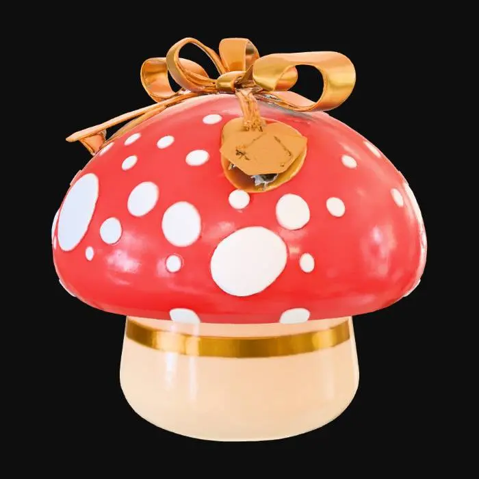 3D model for An exclusive Christmas gift box inspired by the iconic Super Mario mushroom is designed with a playful and festive look. The box has a rounded mushroom shape, with a bright red top covered in large white spots, finished with a glossy, toy-like surface. The lower section is cream-colored, smooth and sturdy, forming the base of the package. A subtle gold ribbon wraps around the mushroom, meeting at the top with a festive bow and a small holiday tag. Soft highlights give it a collectible feel, blending video game nostalgia and Christmas charm into a cheerful, family-friendly 3D design perfect for holiday celebrations.