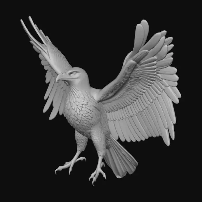 3D model for This 3D model depicts a majestic Thunder Bird, a legendary creature of storm and sky. Its massive wingspan is covered in layered dark blue and charcoal feathers, each feather edged with faint electric highlights that glow like lightning veins. The bird’s chest and neck are powerful and broad, symbolizing immense strength. Its sharp golden eyes crackle with energy, while arcs of blue-white electricity travel across its wings and talons. The beak is strong and slightly curved, polished like obsidian. Storm clouds swirl subtly around its body, and sparks form with each wing movement. PBR materials emphasize feather depth, metallic lightning glow, and dramatic contrast, giving the Thunder Bird a cinematic, mythic presence as a living embodiment of thunder and storms.