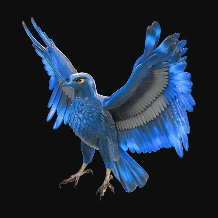 3D model for This 3D model depicts a majestic Thunder Bird, a legendary creature of storm and sky. Its massive wingspan is covered in layered dark blue and charcoal feathers, each feather edged with faint electric highlights that glow like lightning veins. The bird’s chest and neck are powerful and broad, symbolizing immense strength. Its sharp golden eyes crackle with energy, while arcs of blue-white electricity travel across its wings and talons. The beak is strong and slightly curved, polished like obsidian. Storm clouds swirl subtly around its body, and sparks form with each wing movement. PBR materials emphasize feather depth, metallic lightning glow, and dramatic contrast, giving the Thunder Bird a cinematic, mythic presence as a living embodiment of thunder and storms.