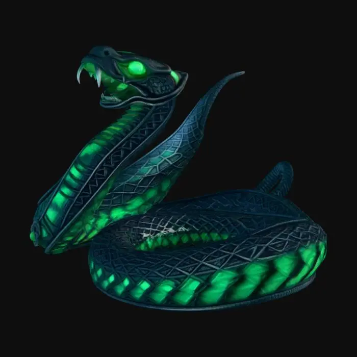 3D model for Serpent Mystic Artifact**
Description (≤800 chars):
This 3D model depicts a mystical serpent-shaped artifact, crafted to look ancient and powerful. The body forms an elegant spiral, as if the serpent is coiled mid-motion, its scales carved in intricate geometric patterns that glow faintly with emerald light. The head is raised, eyes set with small crystal gems that shimmer mysteriously. Along its spine, runic symbols pulse softly, hinting at hidden magic within. The artifact appears forged from dark stone mixed with metal, giving it a timeless, ceremonial presence. Its smooth curves, glowing details, and mythic design make it feel like a relic of forgotten sorcery.