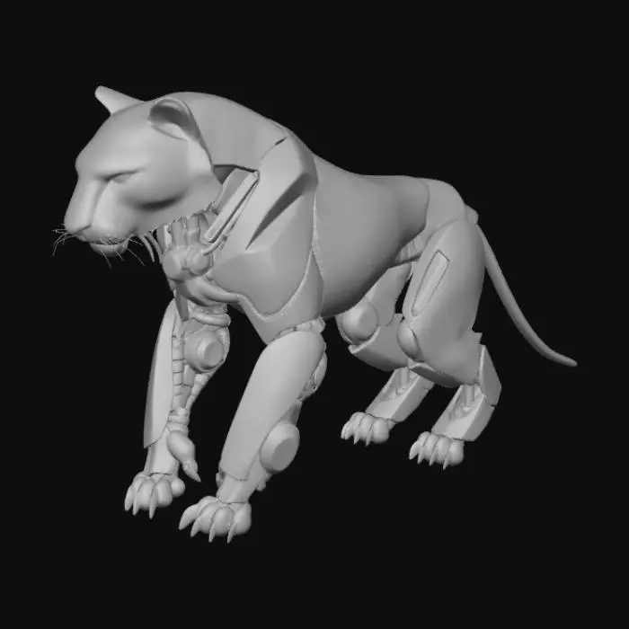 3D model for Mechanical Nature Tiger
Description (≤800 chars):
This 3D model features a powerful cyborg tiger, blending wild nature with advanced machinery. One side of its body shows natural orange fur with bold black stripes, while the other reveals sleek mechanical components made of brushed steel and glowing circuitry. Metallic plates follow the shape of its muscles, and small pistons move within the legs, suggesting enhanced strength and agility. The eye on the mechanical side glows electric blue, scanning the environment, while the organic eye remains fierce and alive. Vines and small leaves subtly grow along parts of the metal frame, symbolizing the union of nature and technology. The design captures the spirit of mechanical nature in a striking hybrid predator.