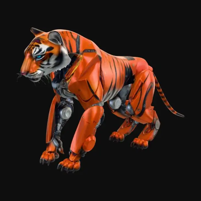 3D model for Mechanical Nature Tiger
Description (≤800 chars):
This 3D model features a powerful cyborg tiger, blending wild nature with advanced machinery. One side of its body shows natural orange fur with bold black stripes, while the other reveals sleek mechanical components made of brushed steel and glowing circuitry. Metallic plates follow the shape of its muscles, and small pistons move within the legs, suggesting enhanced strength and agility. The eye on the mechanical side glows electric blue, scanning the environment, while the organic eye remains fierce and alive. Vines and small leaves subtly grow along parts of the metal frame, symbolizing the union of nature and technology. The design captures the spirit of mechanical nature in a striking hybrid predator.