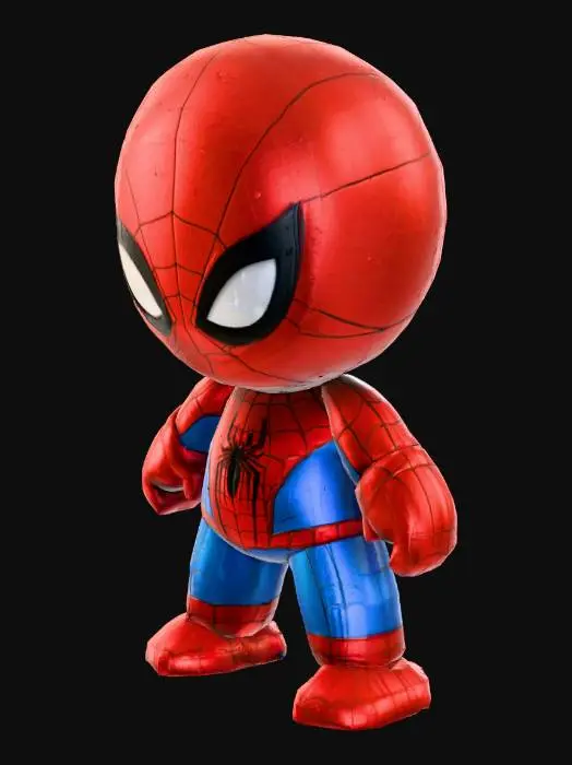 3D model for 蜘蛛侠。肌肉发达的身材。Q版画风。比例匀称。细节丰富。风格独特。墙壁和特征厚度至少 2 毫米。加粗的凹陷特征，深度至少 2 毫米。线条清晰锐利。浮雕特征高出表面至少 2 毫米。A-pose.。