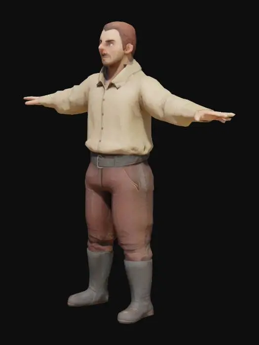 3D model for t-pose stylized medieval low poly man, serf clothing blouse leather pants and boots