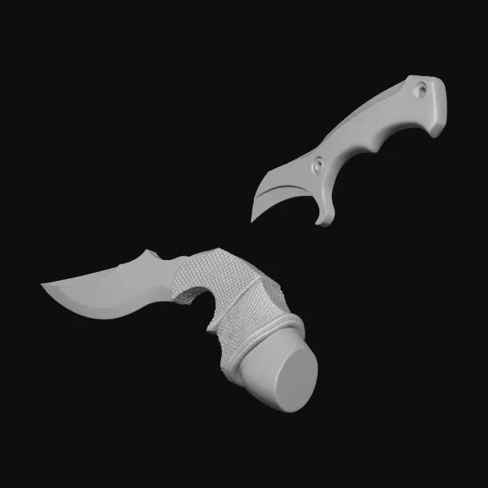 3D model for mach ein Karambit, ein Messer mit einer charakteristisch gebogenen Klinge, das ursprünglich aus der südasiatischen Kampfkunst Silat stammt. Bei dem spezifischen Design handelt es sich um einen bekannten Skin aus dem Spiel Counter-Strike 2