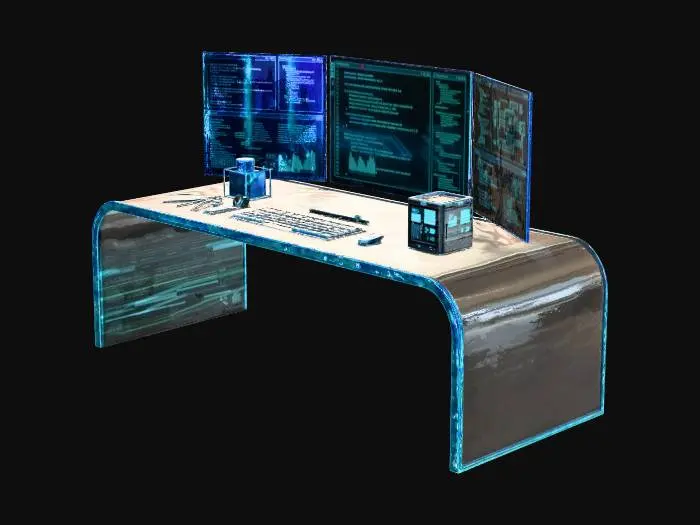 3D model for a work desk inside of a digital world. used by computer characters that are trying to save the cyberworld from a virus