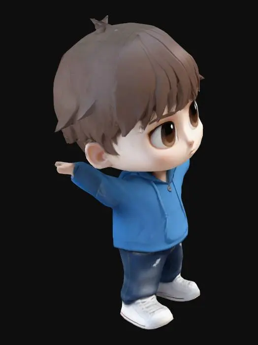3D model for Create a 3D Chibi-style character of a white boy with brown eyes, designed in a Japanese anime aesthetic. The character wears blue jeans, a black hoodie with a visible hood, and white sneakers. It is in a T-pose, ready for rigging. The face has a calm, confident expression with large anime-style eyes, defined eyebrows, and soft, rounded features. The design uses vibrant colors, exaggerated Chibi proportions (large head, small body), and a clean, cartoonish style.