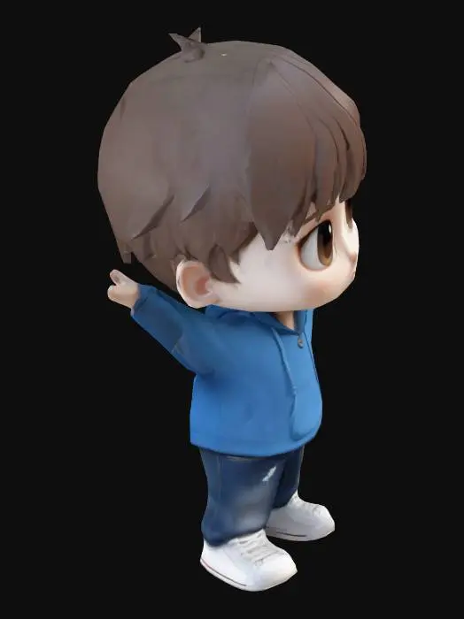3D model for Create a 3D Chibi-style character of a white boy with brown eyes, designed in a Japanese anime aesthetic. The character wears blue jeans, a black hoodie with a visible hood, and white sneakers. It is in a T-pose, ready for rigging. The face has a calm, confident expression with large anime-style eyes, defined eyebrows, and soft, rounded features. The design uses vibrant colors, exaggerated Chibi proportions (large head, small body), and a clean, cartoonish style.