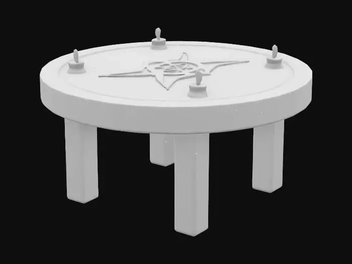 3D model for A pentagram table with candles on each point, wood, wax, 5 pointed star on a round table 