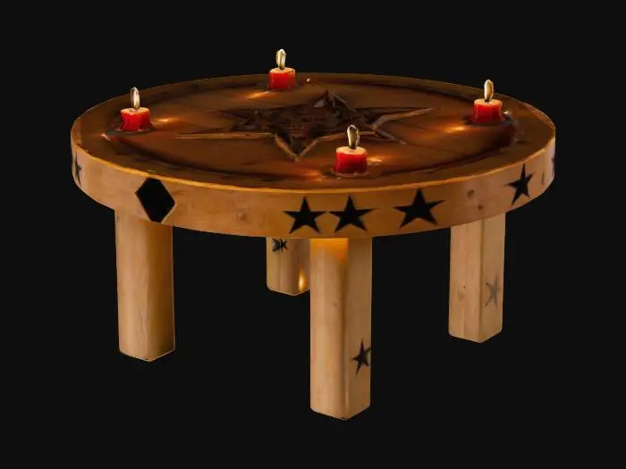 3D model for A pentagram table with candles on each point, wood, wax, 5 pointed star on a round table 