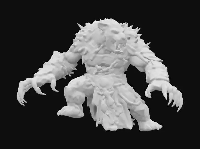3D model for An extremely detailed medieval warrior. Has the characteristics of a sabretooth tiger man he is hunched over,  he is dressed in leather clothing he is extremely muscular. His extremely large k9 teeth that is protruding from his mouth are stained with blood. He is in an attack stance 