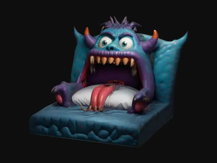 3D model for monster bed cartoon and whimsical it has claws and a tongue hanging out of a mouth full of sharp teeth   