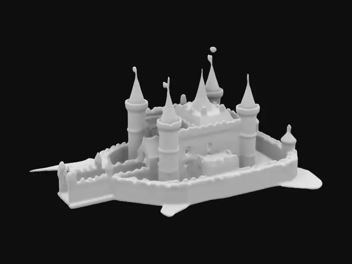 3D model for An extremely detailed medieval castle complete with a moat and a lowered drawbridge there should be a catwalk around the top of the four walls leading into each corner steeple beautiful detailed bricks and a wooden drawbridge with metal chrome chains