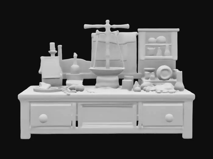 3D model for And medieval style alchemists desk with beakers vials and other assorted debris, in the center of triple beam scale. The desk is made out of wood weathered and old. Extremely detailed items on the desk